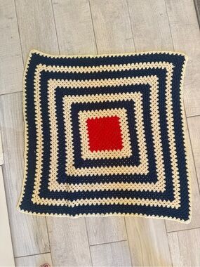 Hand Crafted Navy, Cream & Red Crochet Square Throw